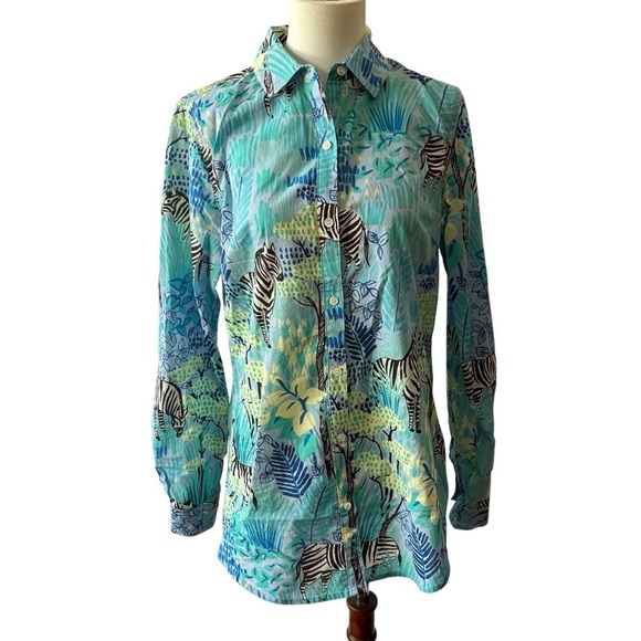 SOLD J MCLAUGHLIN LOIS SHIRT S BLUE GREEN GIRAFFE WHIMSY CASUAL COLORFUL STRETCH - Picture 2 of 12